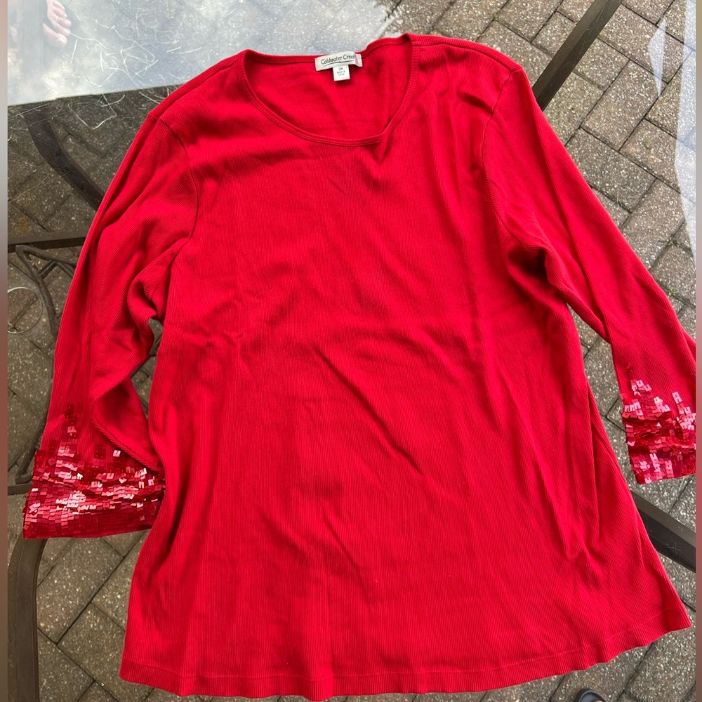 Coldwater Creek Women’s Red Cotton Sequin 3/4 Sleeve Top